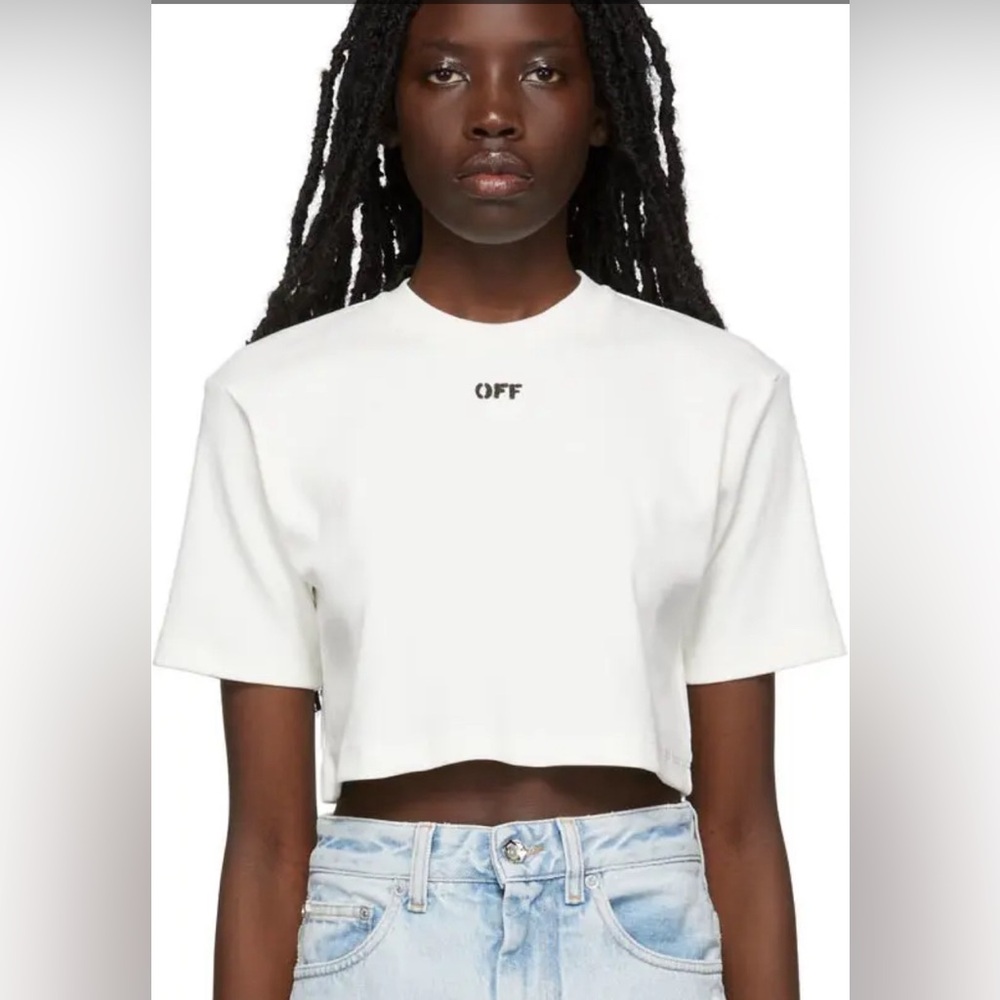 Off-White Ribbed Asymmetrical Crop Tee - Picture 2 of 10